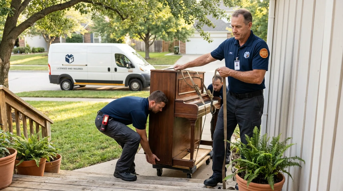 Licensed piano movers securing grand piano in Sodus, NY